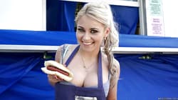 Buxom blonde teen Marsha May serves up hot dogs and hooters outdoors'